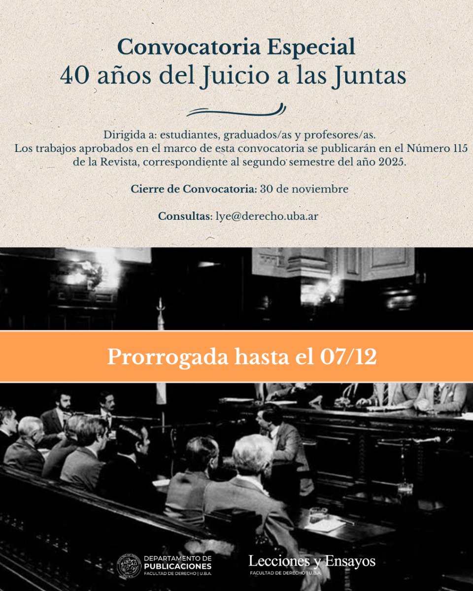 Lecciones y Ensayos anuncia la prórroga hasta el 07 de diciembre para la recepción de artículos dentro del marco de la convocatoria especial: "40 AÑOS DEL JUICIO A LAS JUNTAS".