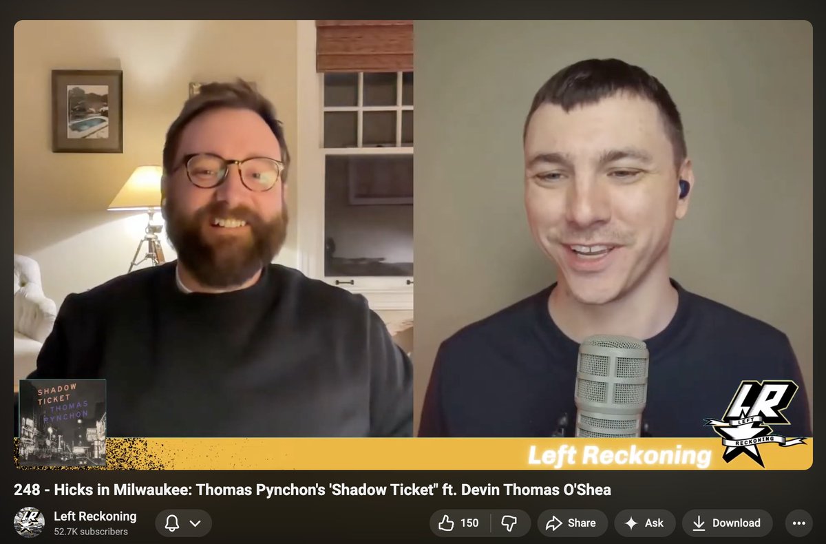 devintoshea's tweet image. hey check out our SHADOW TICKET conversation on @LeftReckoning — very fun to talk Pynchon, assassin elves, and 1930s fascism with @MattLech