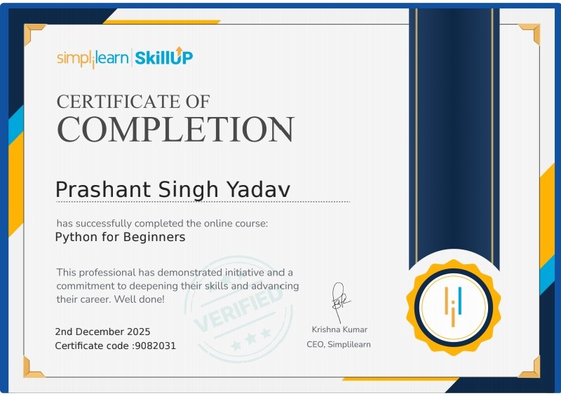 Prashan61527252's tweet image. I&apos;m happy to share that I&apos;ve obtained a new certification: Introduction to Programming Using Python from Simplilearn Education!