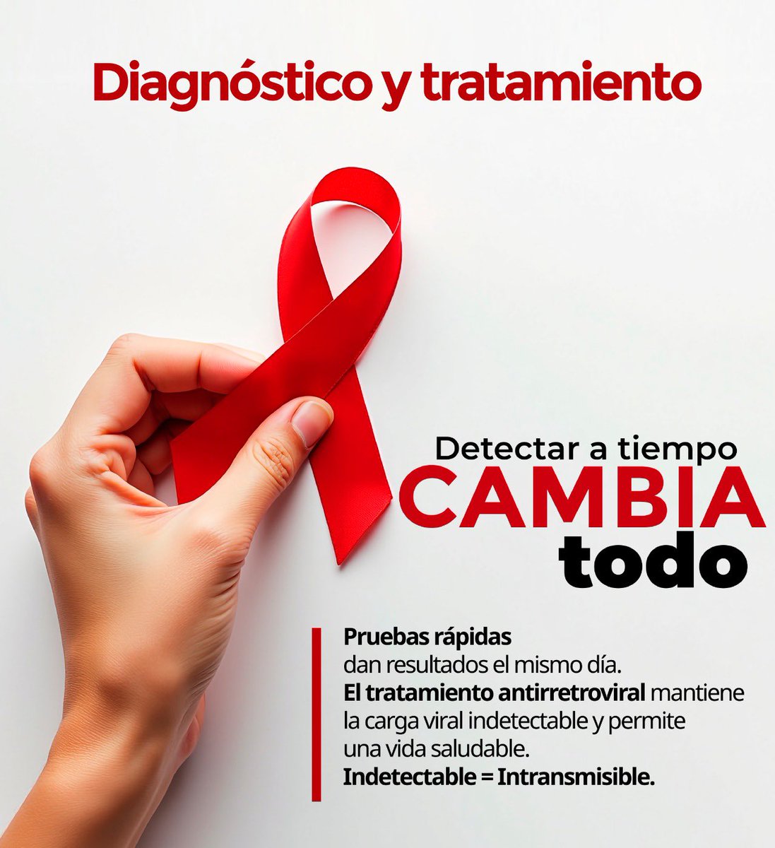 Hoy #DiaMundialDelSida hay que recordar que una detección temprana salva vidas y mejora la calidad de vida de las personas que viven con VIH. 🩸

Eliminemos el estigma y actuemos YA. Indetectable = Intransmisible