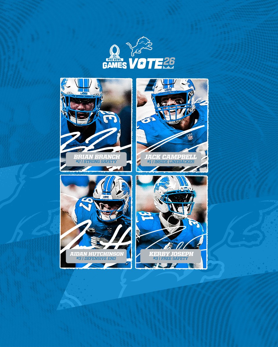 Lions's tweet image. .@BrianBB_1, Jack Campbell, @aidanhutch97 and Kerby Joseph are in the top 🔟 at their positions in Pro Bowl voting 👀

1 RT = 1 #ProBowlVote