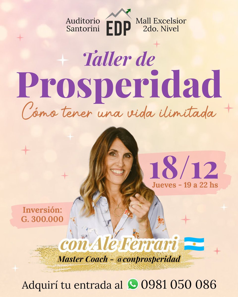 Un taller para cambiar tu vida. ✨

Con Ale Ferrari vas a desbloquear todo tu potencial. Si estás buscando avanzar, mejorar tus ingresos, tener más claridad, y tomar mejores decisiones, no dejes pasar esta experiencia.

📲 Reserva tu lugar al 0981050086