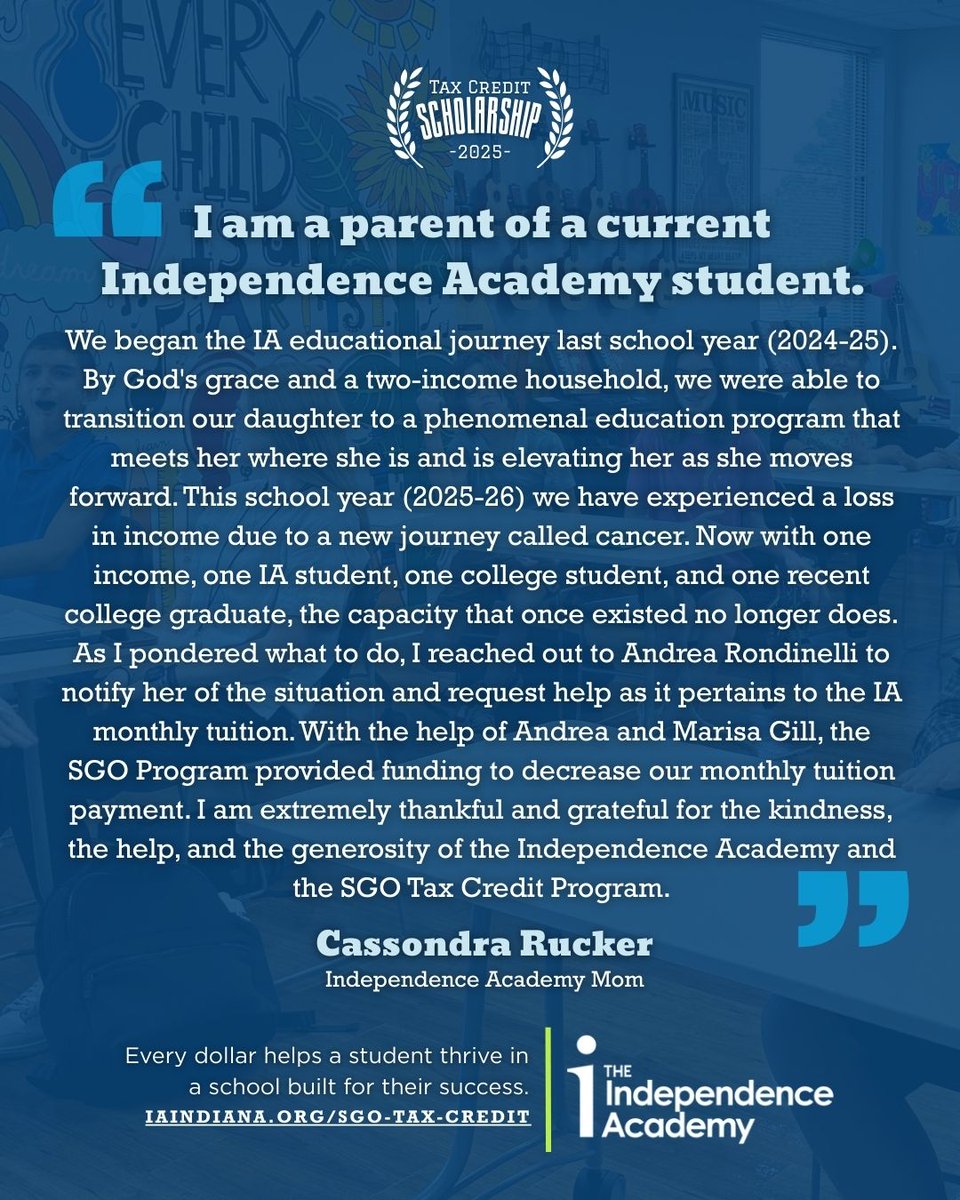 Independence Academy offers a safe, sensory-friendly, flexible environment with small classes and individualized support. This #GivingTuesday, donate to the SGO State Tax Credit Scholarship Fund to help us grow the IA family!
Donate here ➜ iaindiana.org/sgo-tax-credit