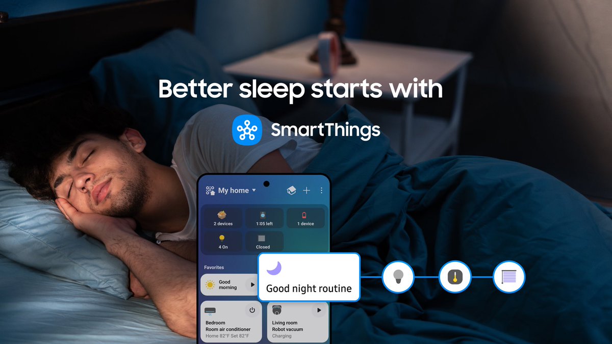 smartthings's tweet image. Better sleep starts with #SmartThings. Create a nightly routine in the app that turns on your @tweethue holiday lights, turns off your @SamsungUS TV, adjusts the @madebygoogle thermostat, and closes the blinds automatically. Shop these devices and more on: samsung.com/us/smartthings…