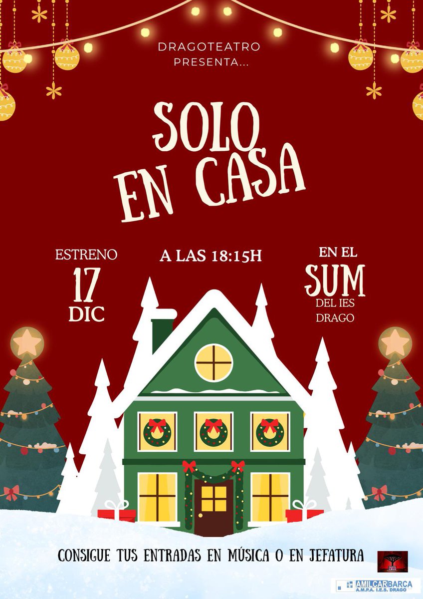 Nuestra compañía Dragoteatro estrena Solo en casa el 17 de diciembre a las 18:15 h en el SUM.

Será una tarde mágica para disfrutar juntos de una obra llena de humor, emoción y mucho cariño.
Las entradas ya están disponibles en el departamento de Música o en Jefatura.