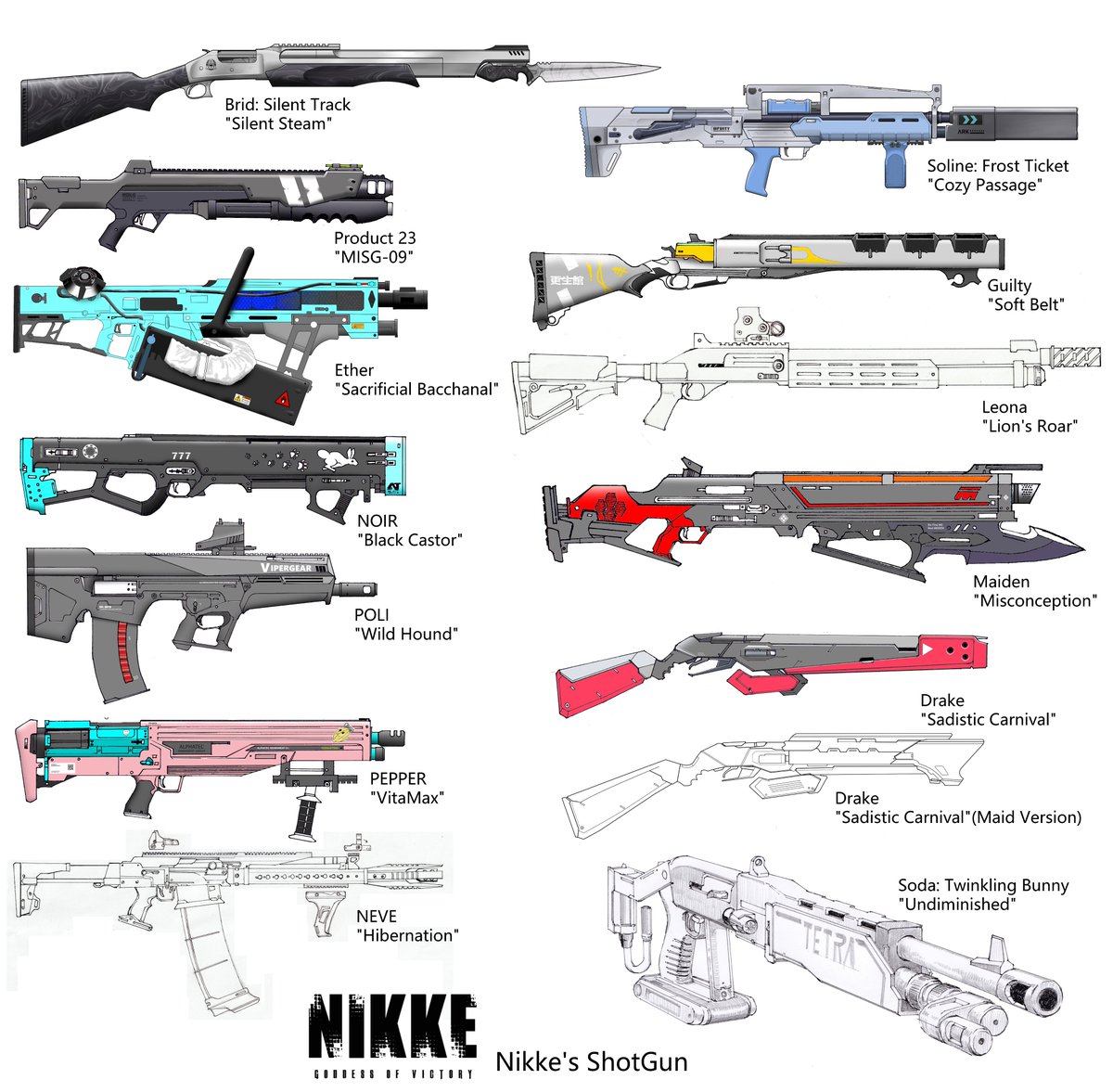 ogirin_0808's tweet image. インフィニティレールでショットガンが2丁増えました。今まで描いたニケのショットガン一覧を更新。
豪華になってきました。
#NIKKE 
#NIKKE_Weapon