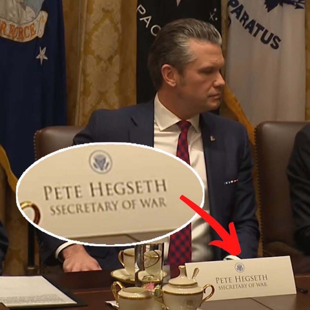 In today's cabinet meeting, Pete Hegseth's name sign showed his role as the "Ssecretary of War."

Follow: <a href="/AFpost/">AF Post</a>