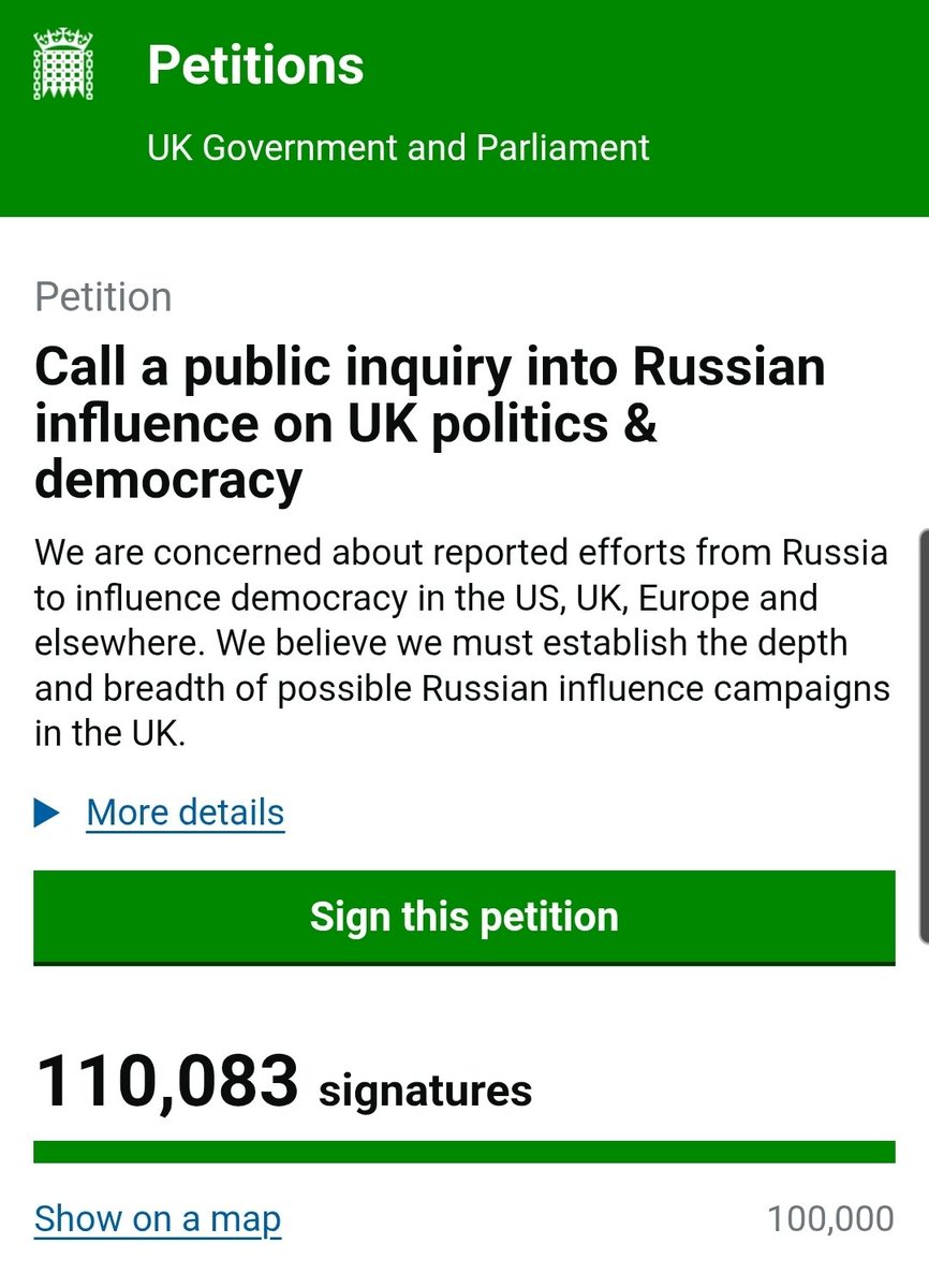 nickreeves9876's tweet image. The petition calling for an inquiry into Russian influence in British politics is up to 110k. Let&apos;s make it grow a lot bigger. 

We now are facing the real possibility that an agent of Russian influence might become PM, and it is obvious that without Russian interference Brexit…