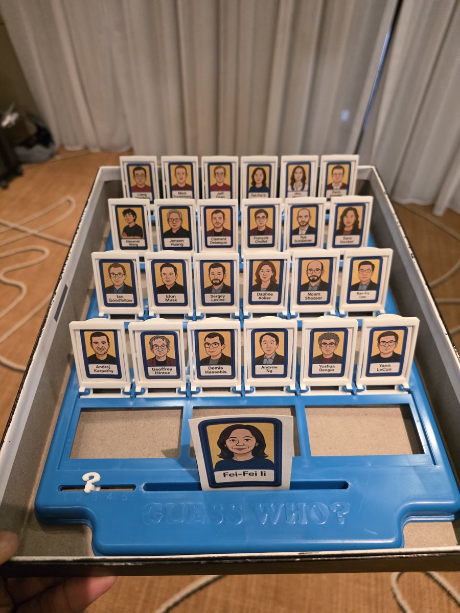 dylan522p's tweet image. Playing &quot;AI Guess Who?&quot; with @natolambert
I mogged him
The strategy is asking yes no questions that eliminate ~50% the field.
So in AI Guess Who?, the optimal first question I asked that Nathan was afraid to was &quot;Are they yellow?&quot;
Are they Jewish is an acceptable first Q too