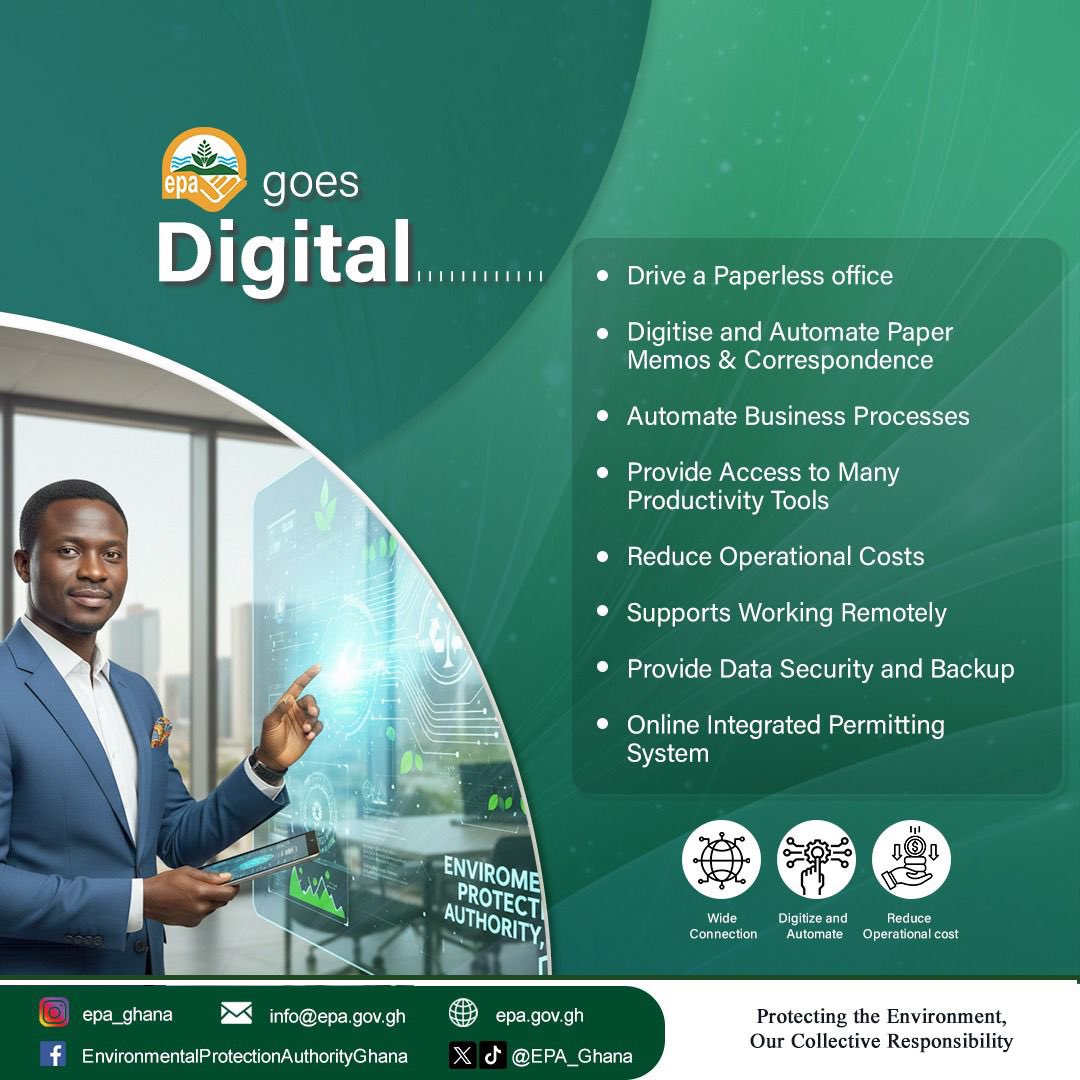 EPA_Ghana's tweet photo. A smarter EPA for a cleaner Ghana. Faster services, easier access, smarter systems. 
EPA goes DIGITAL!
 #GoDigital #DigitalGhana #EPAGh #EcoInnovation https://t.co/3Djl24fEC8