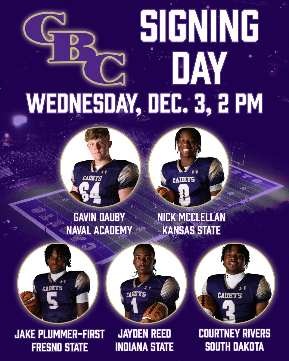 CBCHighSchool's tweet image. We will hold a Signing Day ceremony at 2 PM on Wednesday for five of our football student-athletes who will be signing with colleges: Gavin Dauby (Naval Academy), Nick McClellan (Kansas State), Jake Plummer-First (Fresno State), Jayden Reed (Indiana State) and Courtney Rivers…
