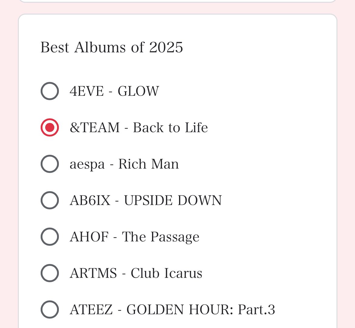 LUNE_JP_vote's tweet photo. 【拡散希望】📢

KOREAN SALESの2025ベストアルバムな　に&amp;TEAM Back to Lifeがエントリーされていますので、投票をお願いします🙇‍♀️

選んで送信するだけの簡単な投票ですので、LUNÉの皆さん投票をお願いします😊

#andTEAM
#LUNÉ_voting https://t.co/xGzWxI7zt1