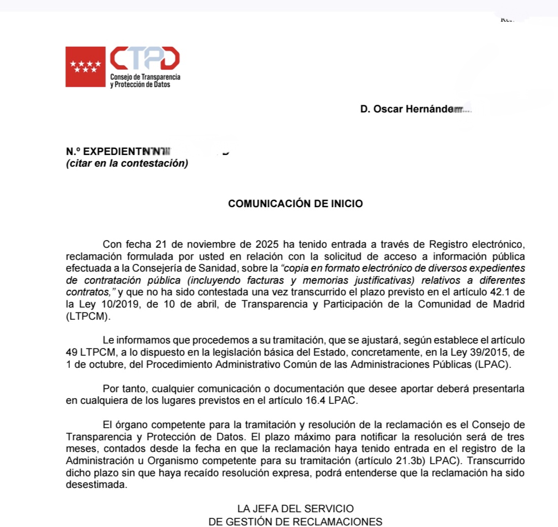 Solicité acceso a decenas de expedientes sobre contratación menor en Sanidad 

Esto afecta al Gobierno de Ayuso

Pues el último organismo público autonómico no judicial que ha de garantizar mi derecho al acceso a información pública depende orgánicamente de Ayuso desde 2023