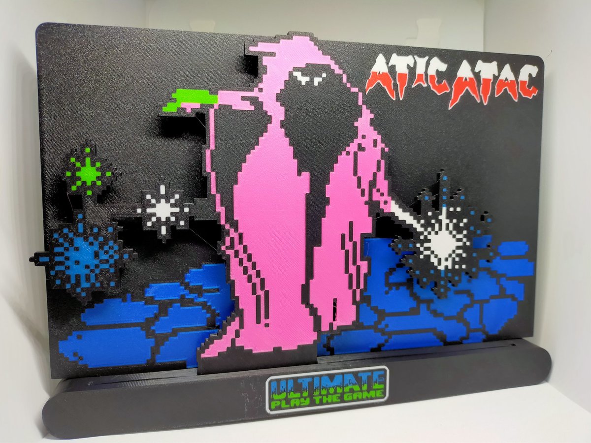 Atic Atac on the #sinclair #zxspectrum showing part of the loading screen as a unique 3D printed shelf display. #retrogames #8bit #shareyourgames