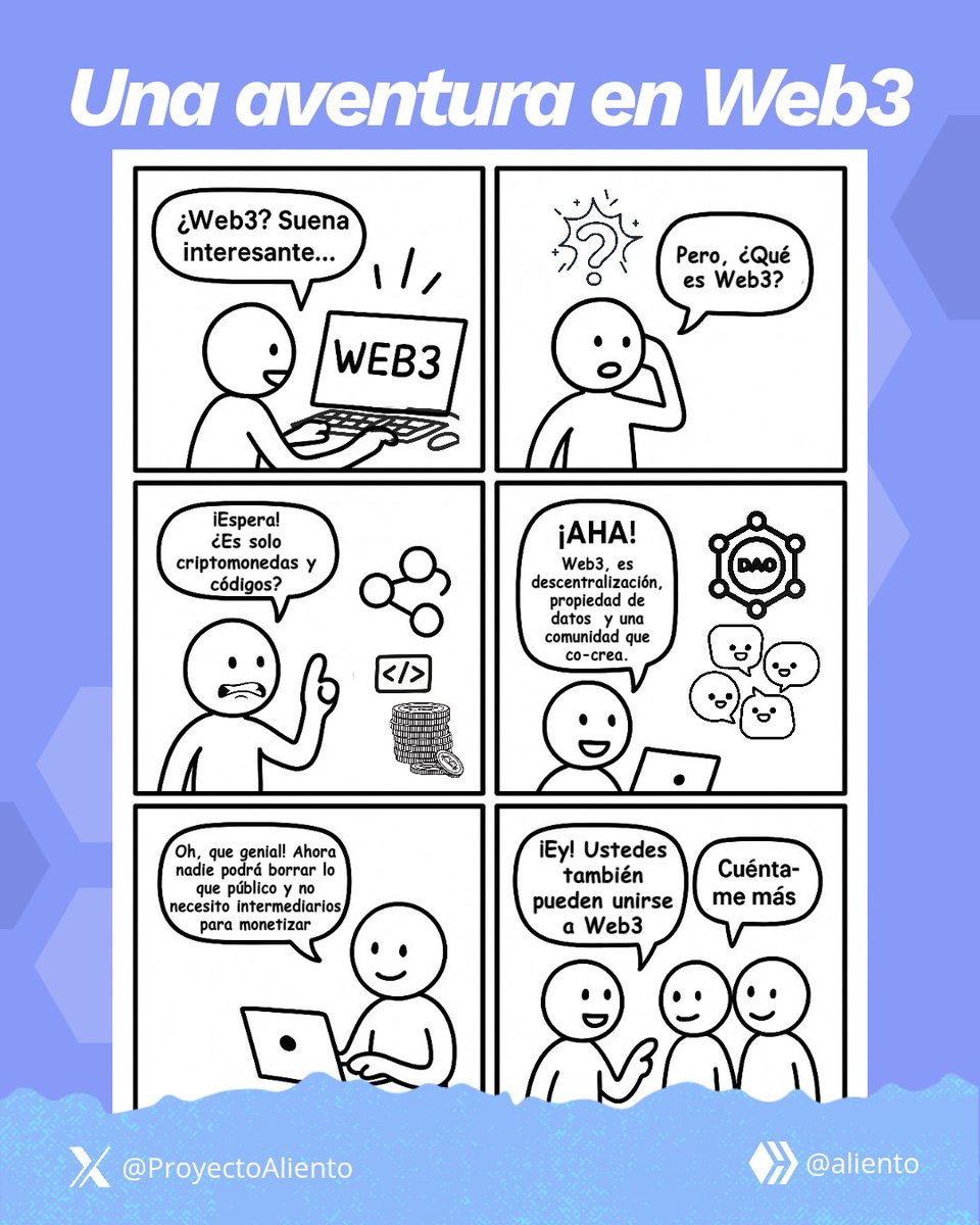 Una aventura en Web3

Todos empezamos igual:
Con curiosidad, mil dudas y un montón de mitos en la cabeza 😅.

Esta mini historieta resume ese primer encuentro que muchos hemos tenido 😉.

En Web3 nadie va solo. Todos podemos aprender y crecer juntos 😎🚀