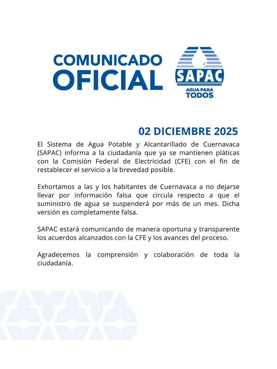 LaMultimedios's tweet image. A través de un comunicado el #Sapac informa que se mantienen platicas con la #CFE con el fin de restablecer el servicio a la brevedad, se pide a la ciudadanía a no dejarse llevar por información falsa respecto a que el suministro se suspenderá por un mes.
