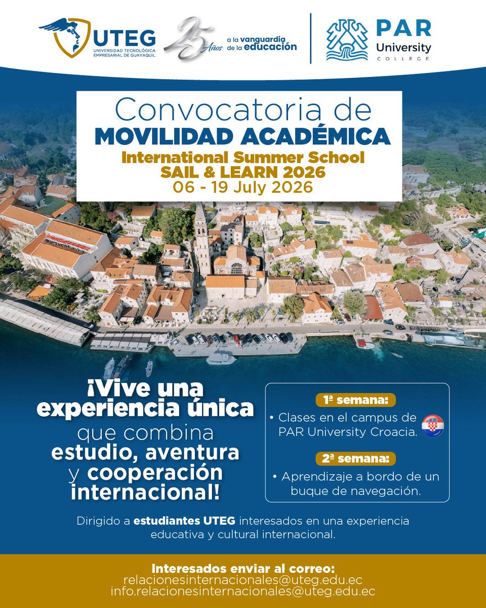 ¡Vive una experiencia única que combina estudio, aventura y cooperación internacional! 

Conoce las convocatorias de nuestro aliado en Croacia - PAR University. 🇭🇷📚

🔹Convocatoria UTEG - Programa INCASO 2026 (9 al 15 de febrero del 2026). 

🔹 Convocatoria de Movilidad
