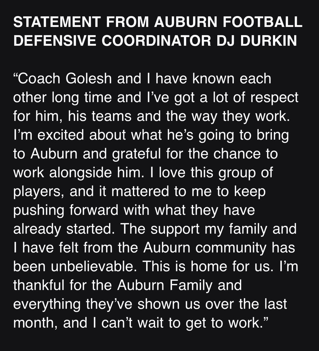 BMattAU's tweet photo. DJ Durkin is remaining as Auburn’s defensive coordinator https://t.co/gkbBtOUjbr