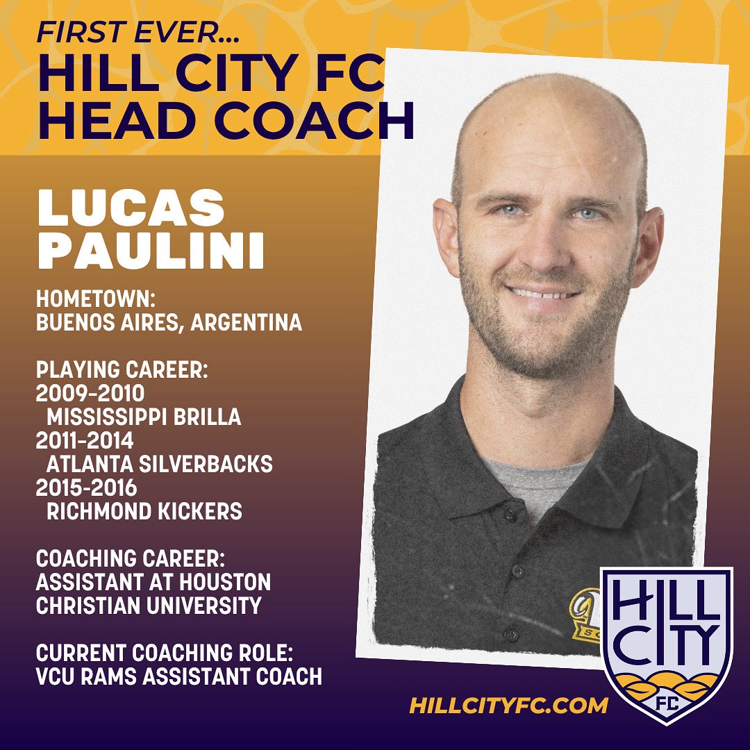 Introducing the first-ever head coach of Hill City FC: Lucas Paulini! 

With years of pro experience and coaching pedigree, Lucas is going to lead Hill City FC into its inaugural season. Welcome to the Hill City family, Coach! ⛰️⚽️