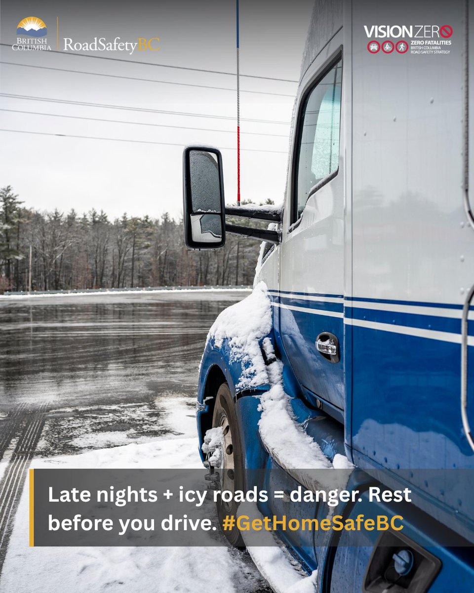 RoadSafetyBC's tweet image. The holiday season is here. Late nights and icy roads can be a dangerous mix—make time to rest before you drive.
When winter weather makes travel challenging, check drivebc.ca for up-to-date road condition.
#GetHomeSafeBC #WinterDrivingBC