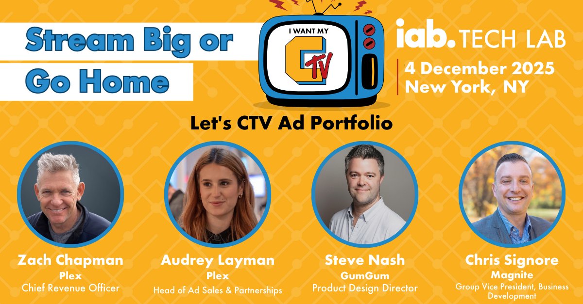 IABTechLab's tweet image. Unlock the real power of emerging CTV ad formats with @Plex’s Zach Chapman and Audrey Layman, @GumGum’s Steve Nash, and @Magnite’s Chris Signore as they break down the newly defined CTV formats with real examples, results, and opportunities to scale: okt.to/QWs1Ny
