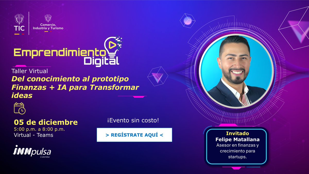 TalentoDigCol's tweet image. #EmprendimientoDigital2025 ¿Tienes una idea con potencial pero no sabes cómo llevarla al siguiente nivel?💡 

Este taller es tu oportunidad para aprender cómo las finanzas y la IA pueden acelerar tu camino hacia un prototipo real.
 
👉 Inscríbete gratis: events.teams.microsoft.com/event/ffd8d055…