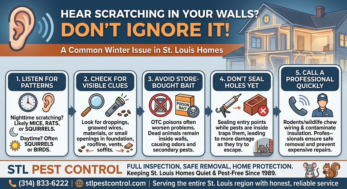 👂 Hear scratching in your St. Louis walls? STOP! Don't ignore it, but don't panic.
🛑 Two things NOT to do:
1️⃣ Don't use store-bought poison bait.
2️⃣ Don't seal up entry holes yet.

Call the pros at STL Pest Control.
📞 (314) 833-6222