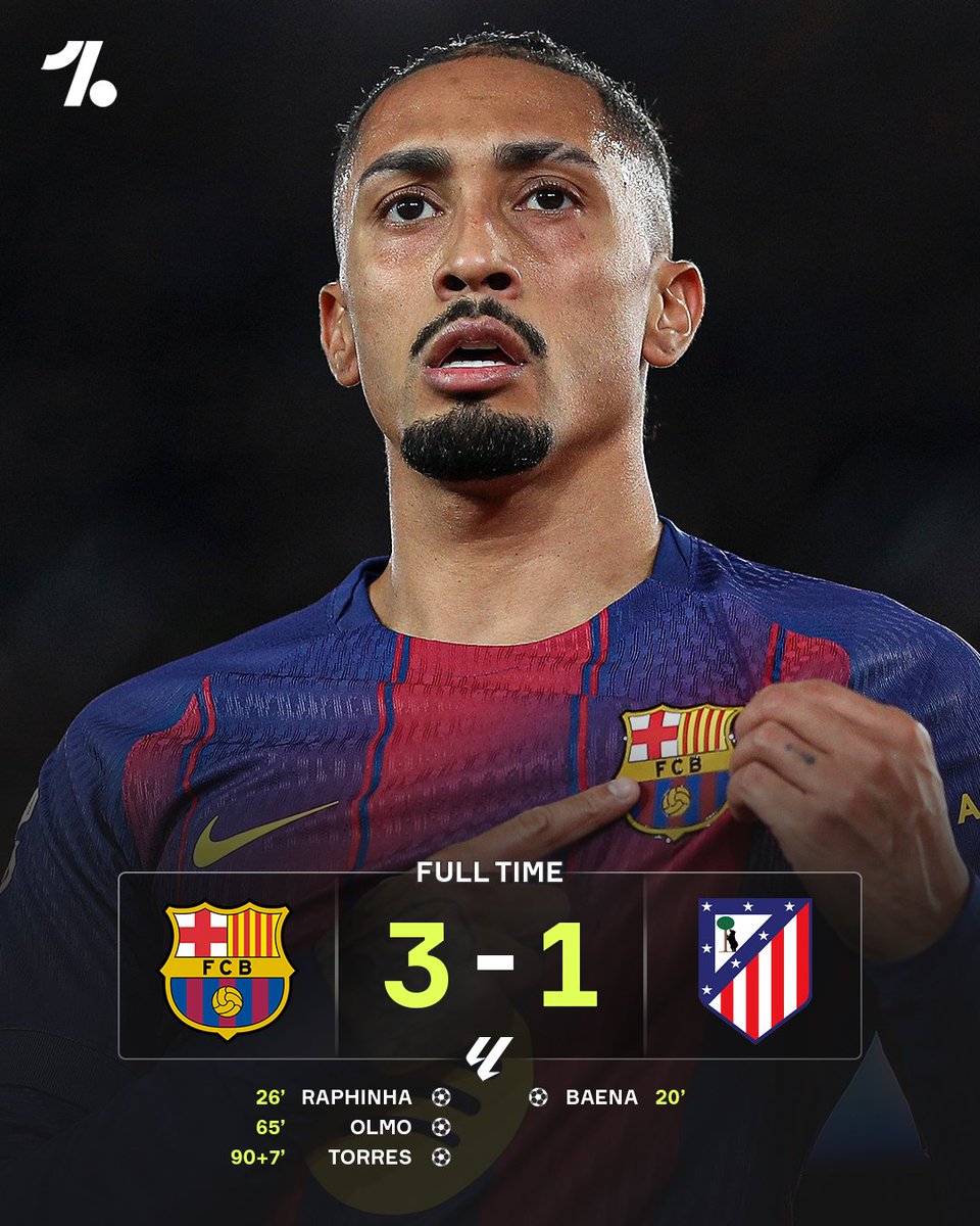 ¡BARÇA MÁS LIDER QUE NUNCA!

+ Gran resultado del Barcelona contra el Atlético que le consolida como líder de LaLiga.
+ Goles de Raphinha (MVP), Olmo y Ferrán.
+ Máxima presión para el Real Madrid que juega mañana en Bilbao.
+ Simeone la vuelve a "pechear" contra el Barcelona.