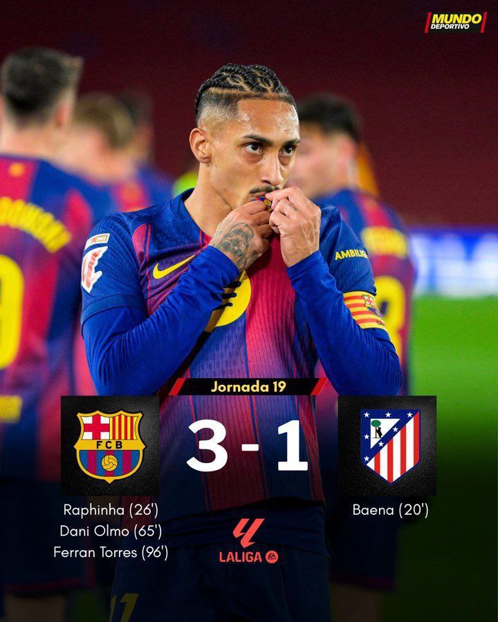 🚨🚨 نهـــايــة المُبـــاراة 🚨🚨

برشلونة يحسم لقاء اتلتيكو مدريد بالفوز بثلاثة أهداف مقابل هدف واحد ويتمسك بصدارة الدوري الاسباني.🔥✅🔵🔴👏

برشلونة وحيدًا في صدارة الليغا! ♥️💙🔝