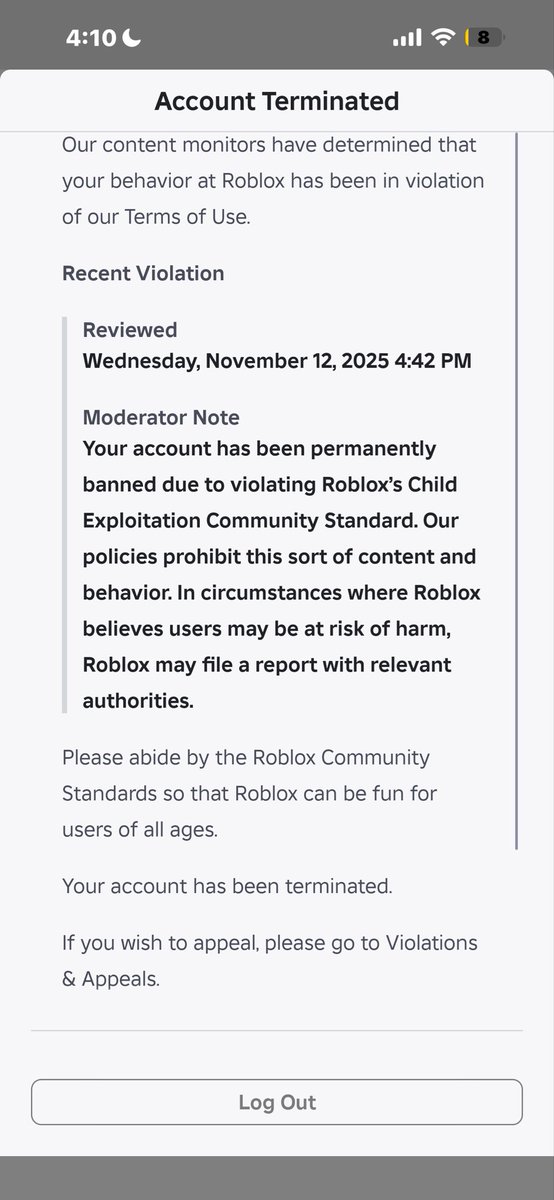 solar_flarex's tweet image. almost a month since my ban, and Roblox still hasn't done anything. I've sent multiple appeals, but they haven't reviewed them once. I'm losing hope that my account will get unbanned. I'm also a minor, so I don't understand how I got banned for "child exploitation."

@Roblox