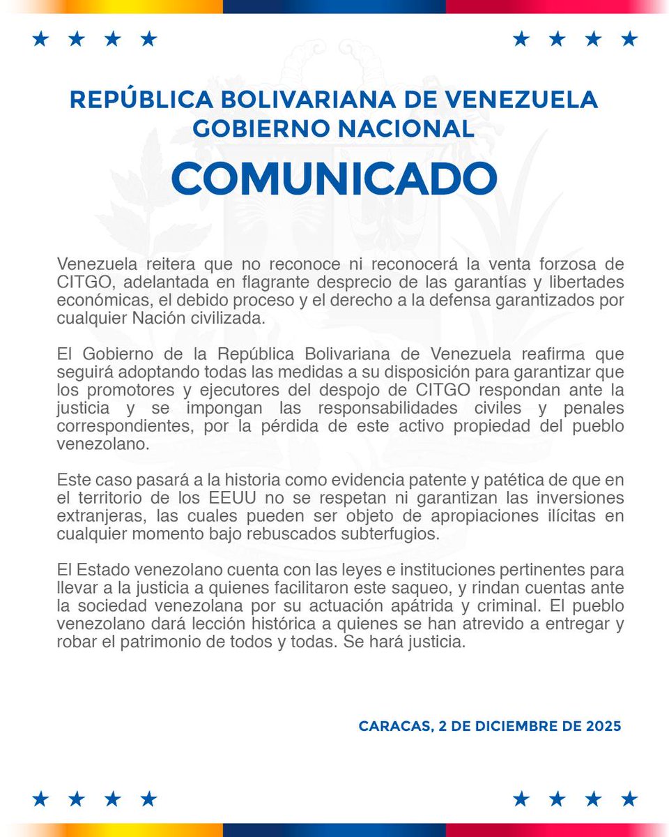 planwac's tweet image. @delcyrodriguezv  Venezuela rechaza enérgicamente la decisión de venta forzosa de CITGO, ejecutada por extremistas vzlanos al servicio de EE.UU. No reconocemos ni reconoceremos una acción fraudulenta, un vulgar despojo de un activo venezolano en territorio estadounidense.