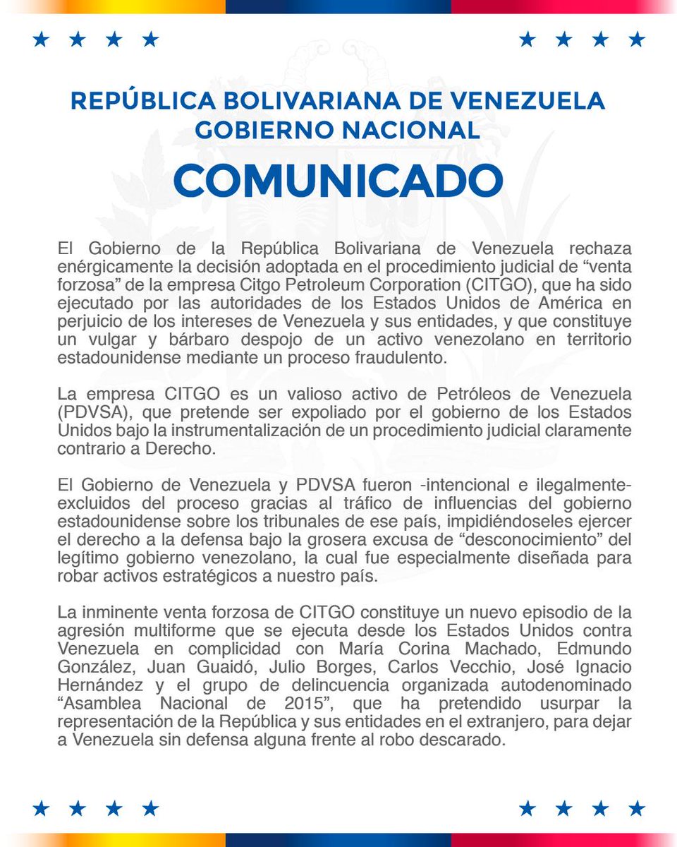 planwac's tweet image. @delcyrodriguezv  Venezuela rechaza enérgicamente la decisión de venta forzosa de CITGO, ejecutada por extremistas vzlanos al servicio de EE.UU. No reconocemos ni reconoceremos una acción fraudulenta, un vulgar despojo de un activo venezolano en territorio estadounidense.