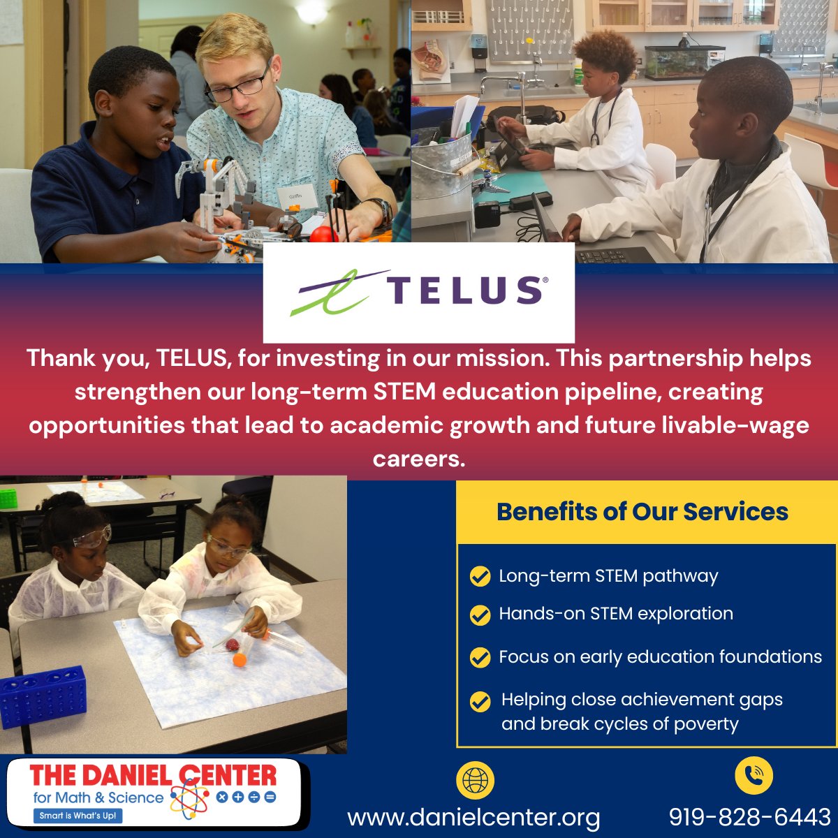 TheDanielCenter's tweet image. With support from @TELUS_AGCG @TELUS we're able to continue our long-term STEM pathway. From early childhood through the teen years, our pipeline equips underserved youth with the tools needed to thrive &amp;amp; break cycles of generational poverty.

#FriendlyFuture #GiveWhereWeLive