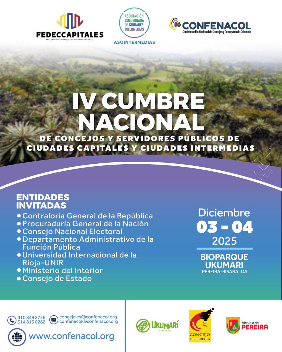 Desde @Asointermedias seguimos firmes con el desarrollo territorial. Participaremos en la IV Cumbre Nacional de Concejos y Servidores Públicos de ciudades capitales e intermedias junto a <a href="/CONFENACOL/">CONFENACOL Y FEDECCAPITALES</a> 
Nuestro rol es claro: aportar en los diálogos que construyen país🇨🇴💬