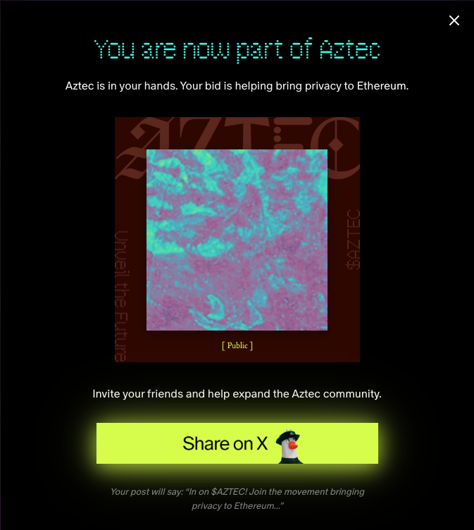 saintniko's tweet photo. wow

bidding the aztec sale was incredibly smooth 

plus, anyone who doesn't want to kyc can just use zkpassport (info never leaves your phone)

this is what the future of token distribution looks like, powered by cca https://t.co/32ERCXUvHh