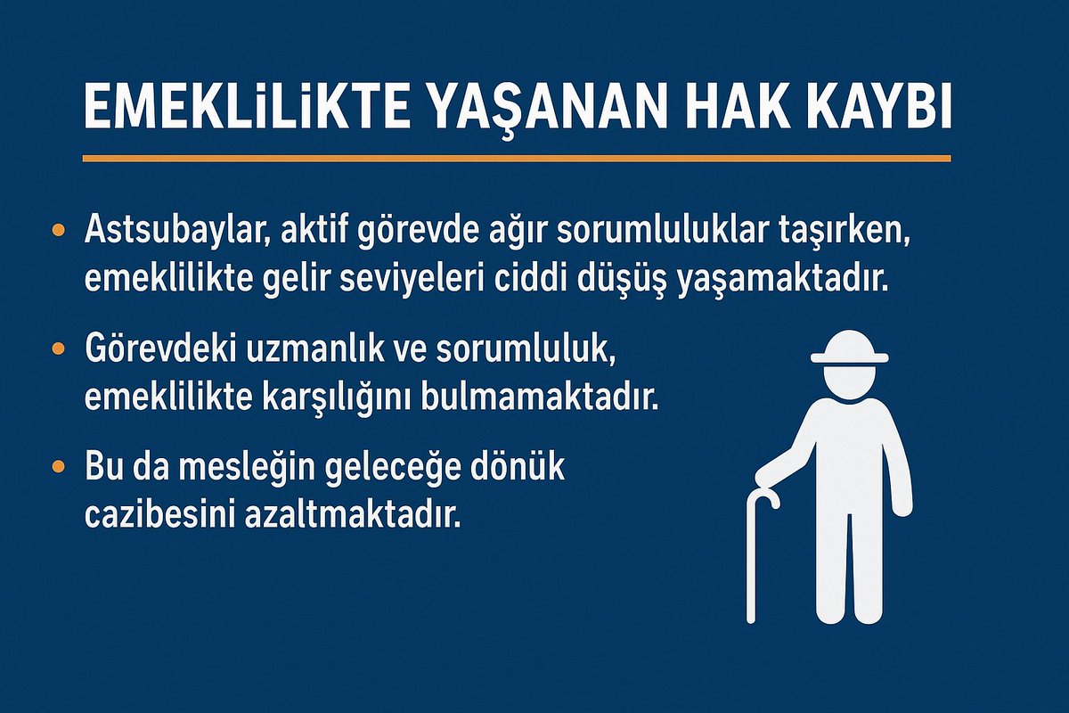 Maliye Bakanlığı ve Hazine, bütçe planlamasında emekli astsubayların haklarını öncelikli kalem olarak belirlemeli, insan kaynağı stratejisi kapsamında, vatanına şerefle hizmet etmiş emekli astsubayların refahı bir mali yük olarak görülmemelidir <a href="/Akparti/">AK Parti</a> <a href="/MHP_Bilgi/">MHP</a> <a href="/HMBakanligi/">T.C. Hazine ve Maliye Bakanlığı</a>