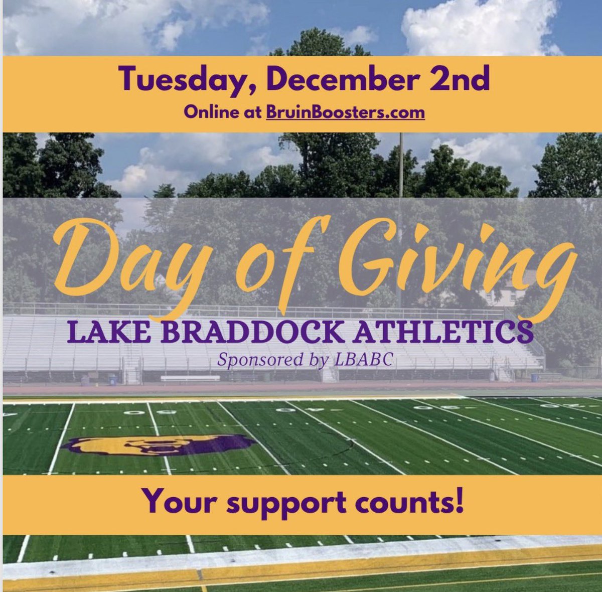 Day of Giving! Help support <a href="/SoccerLB/">LB Soccer</a> from <a href="/FCPSLBSS/">Lake Braddock SS</a>. Thanks! <a href="/bruin_boosters/">Bruin Boosters - Lake Braddock</a>

 bruinboosters.com/pages/lbabc-gi…