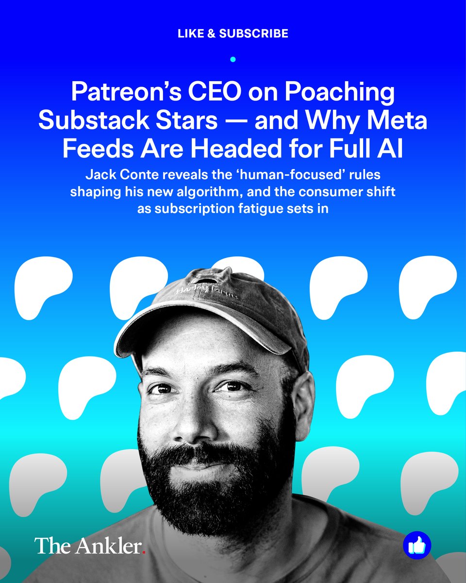 TheAnkler's tweet image. Patreon is spending real money to pull top Substack writers over. Natalie Jarvey speaks with Jack Conte about why creators are fleeing, his three “human-focused” rules for a new algorithm, and how Meta’s feeds could go fully AI soon
theankler.com/p/patreons-ceo…