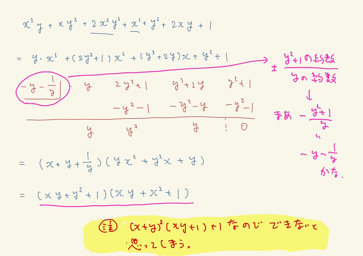 yです。 解いてみました。まあ、セオリー通りなのですが、(x+y)²(xy+1)+1となる