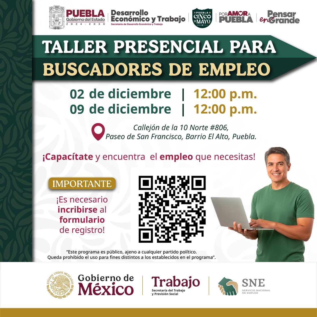 🔸Fortalece tus habilidades y prepárate para tu próximo empleo.
#TallerPresencial para personas buscadoras de empleo!
🗓️ 2 y 9 de diciembre
🕛12:00 hrs.
📍Callejón de la 10 Nte #806, Puebla
📋 Regístrate llenando el formulario
🔗 forms.gle/vJmr5GsAS5gZfF…