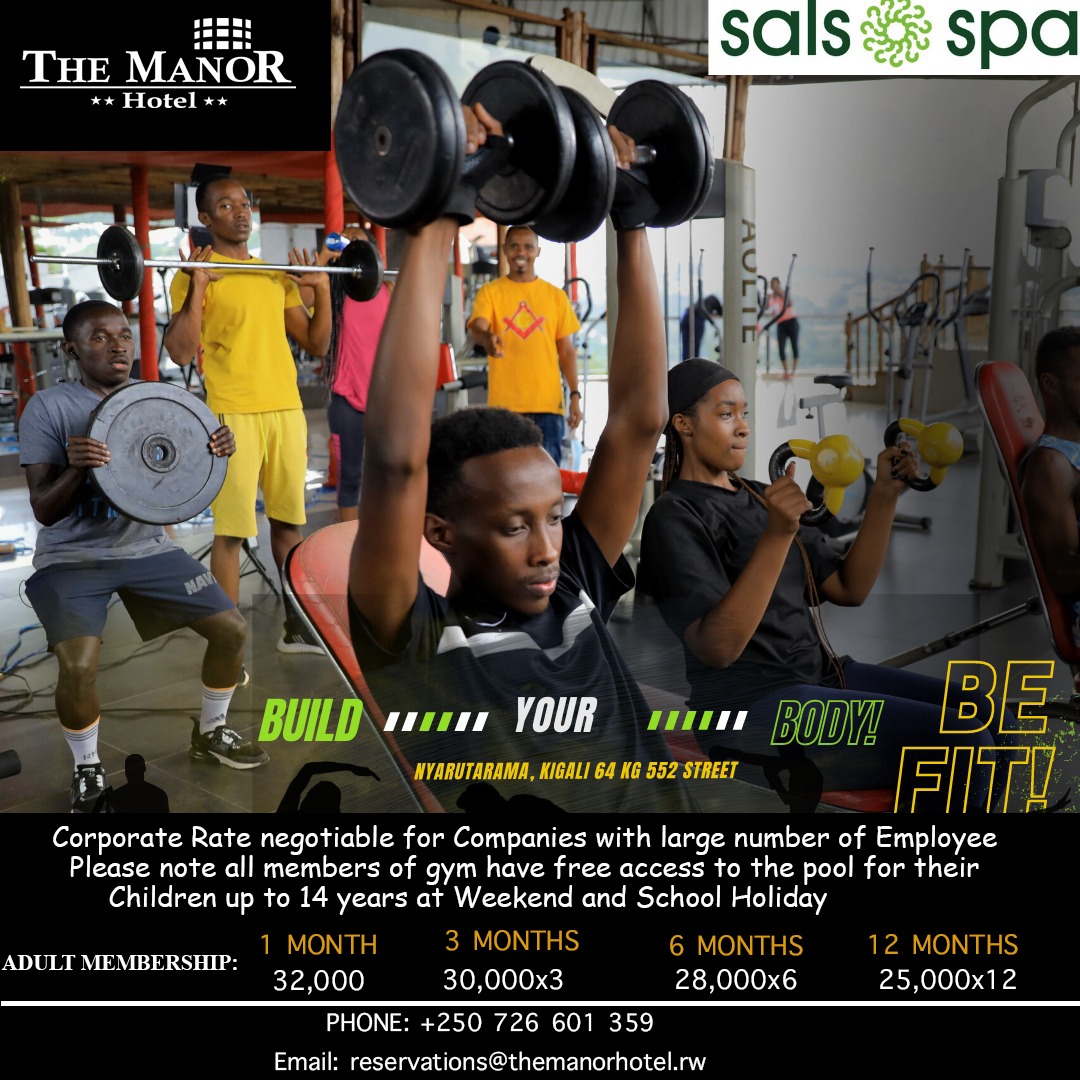 💪 BUILD YOUR BODY. BE FIT! 🏋️‍♂️
Join our fully equipped gym at The Manor Hotel - Sals Spa and stay on top of your fitness game!
💥 Affordable membership plans
💦 FREE pool access for kids
📍 Nyarutarama, KG 552 Street, Kigali
📞 +250 726 601 329
📧 reservations@themanorhotel.rw