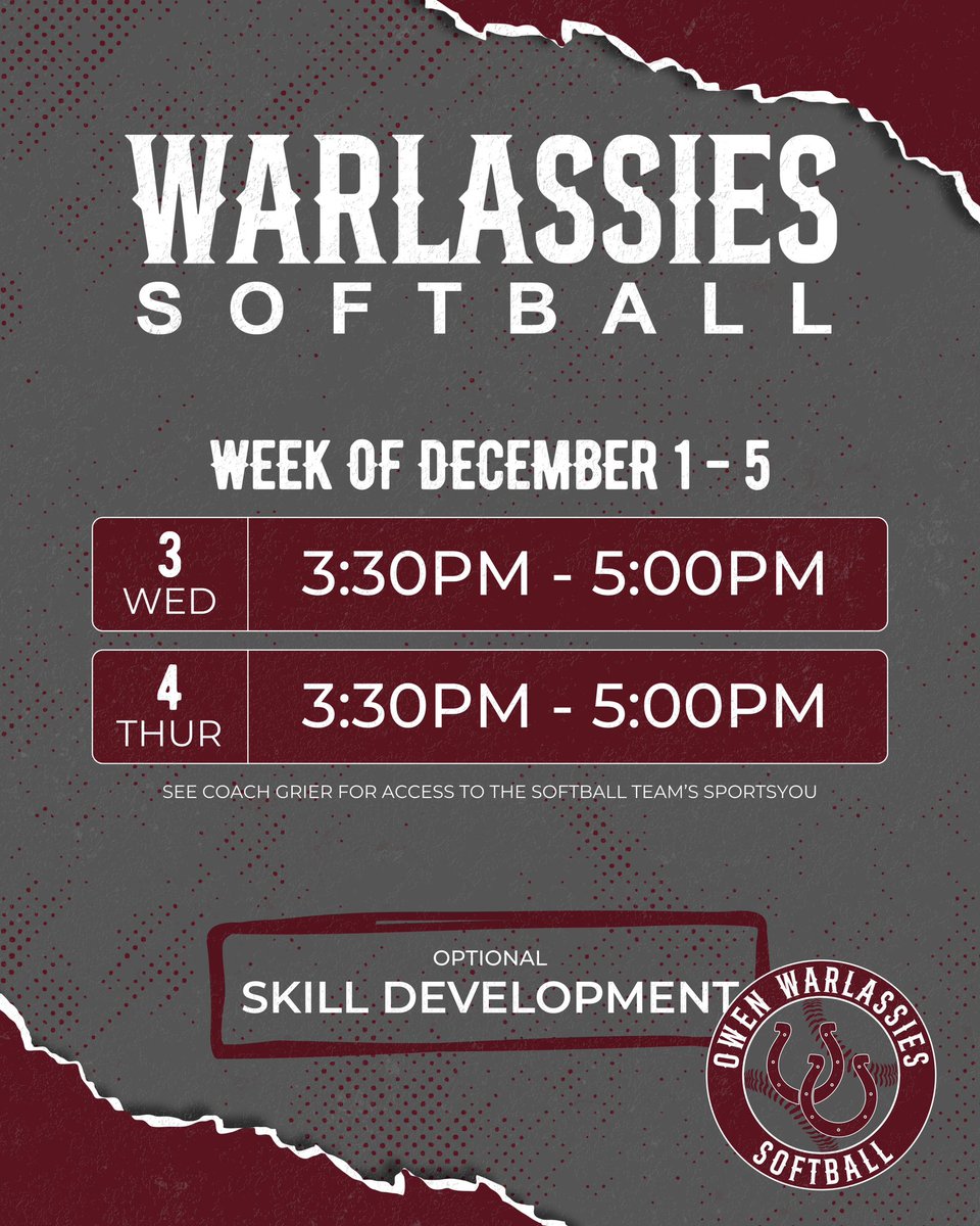 Time for us to get back to work! Here’s the schedule for OHS softball optional skill development - Week of: 12/1 - 12/5 

We will be on the field from 3:30PM-5:00PM on Wednesday (12/3) &amp; Thursday (12/4).