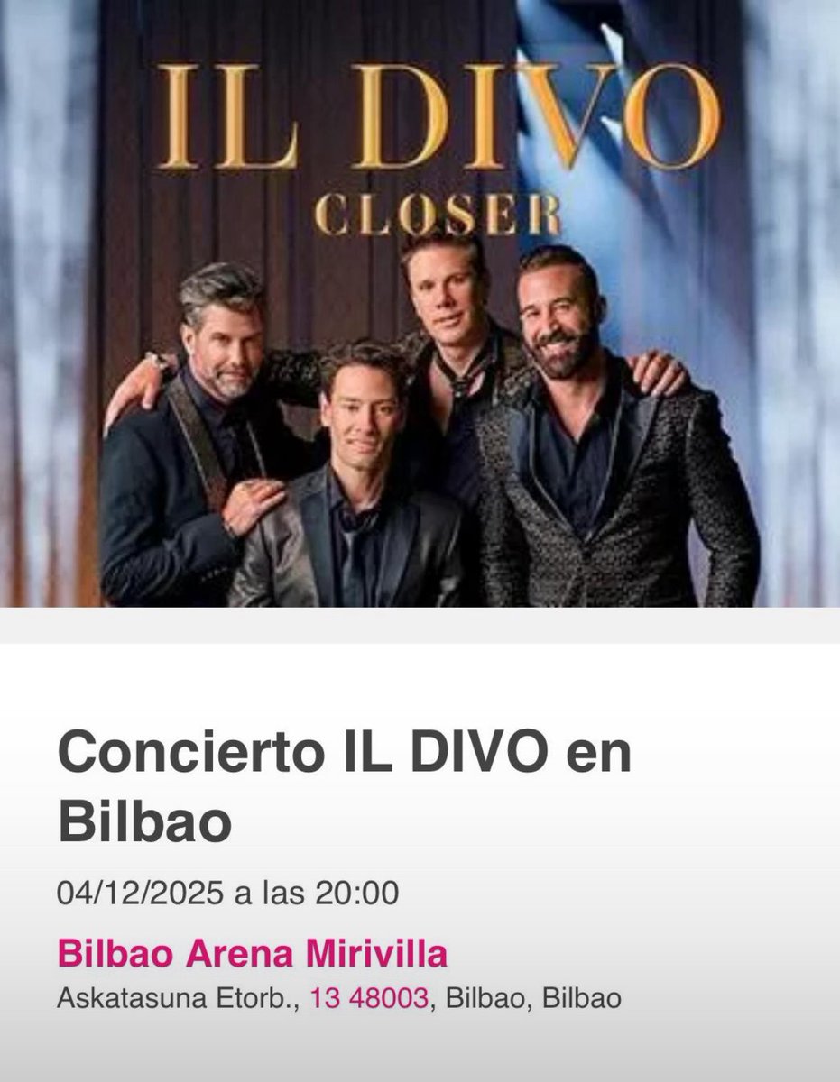 itsluciagomez's tweet photo. vendo 2 entradas para el concierto de Il divo en #Bilbao . muy buena zona, precio negociable. https://t.co/uibLi0owhq