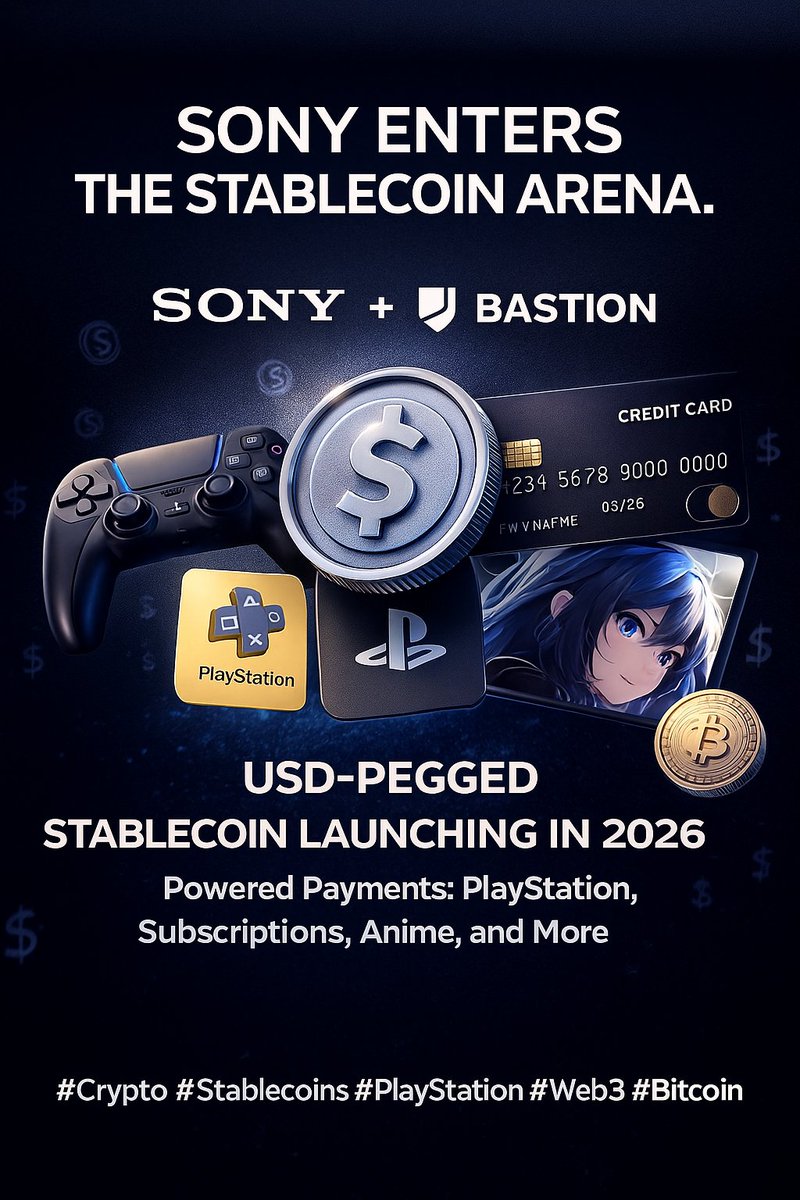 🚨 Web3 is going mainstream one giant at a time. 🎮💳➡️💵🪙

Sony Bank is pushing for a US banking license + partnering with Bastion to launch a USD-pegged stablecoin in 2026 — aimed at powering payments across PlayStation, subscriptions, and even anime.

30% of Sony’s revenue