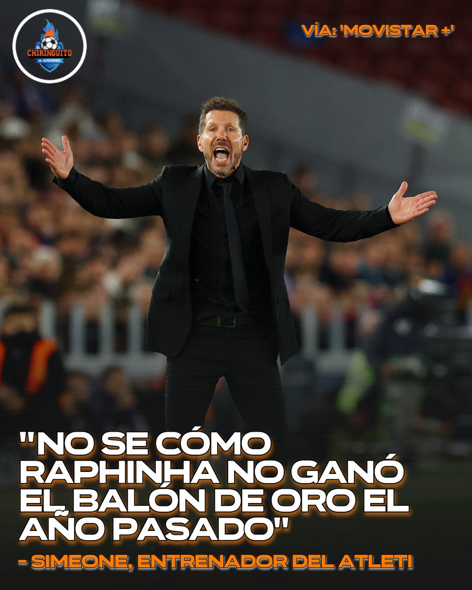 elchiringuitotv's tweet photo. 👀 Simeone se rinde a Raphinha tras caer en el Camp Nou...

😳 "No se cómo no ganó el Balón de Oro".

Nos vemos a las 12 de la noche en MEGA. https://t.co/XR446HY5v0
