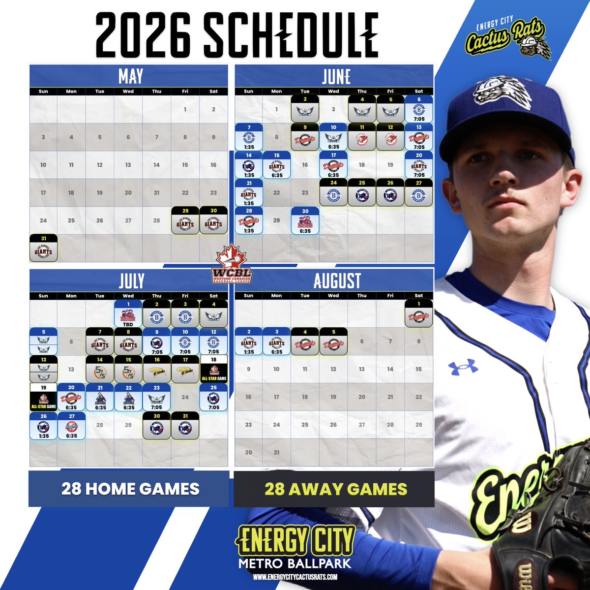 eccactusrats's tweet image. 2026 is locked in.
28 home games. 28 road games.
Opening Day to the final pitch, Energy City is ready.
Circle the matchups. Rally your crew.

This summer, the Cactus Rats are coming alive.
⚾ Follow for updates as we roll into 2026.
