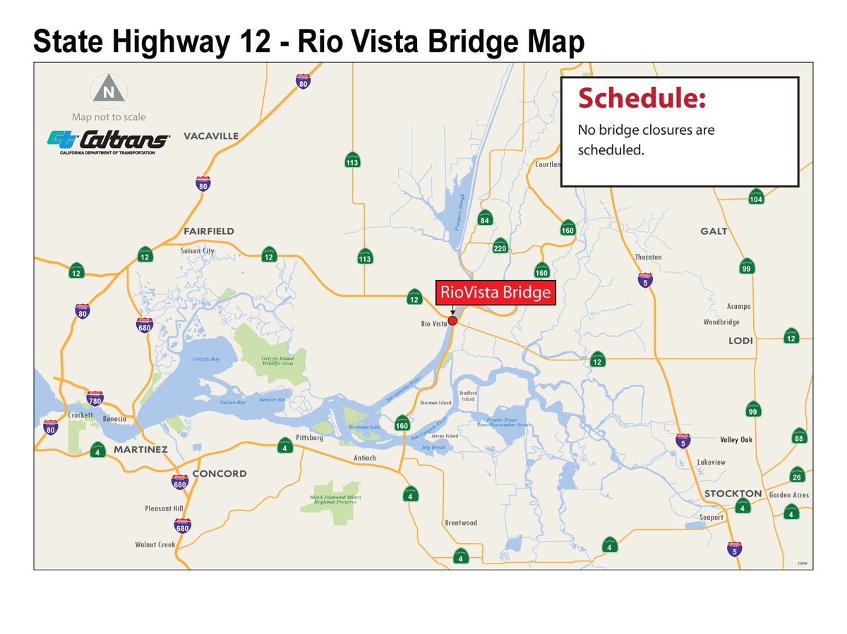 TrafficAlert Hwy 12-Rio Vista Bridge in Sac and Solano Counties is not  scheduled for any closures. Caltrans HQ Caltrans, District 10 Caltrans Bay  Area-District 4 Rio Vista Fire Department CHP - South