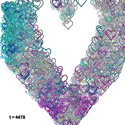 TakagiHitoshi's tweet image. //#つぶやきProcessing #p5js
t=0
draw=_=&amp;gt;{r=random
t++||createCanvas(W=(w=200)*2,W)
C=(i,x)=&amp;gt;map(c[i]^x,0,90,60,255)
x=r(W),y=r(W)
abs((X=x/w-1)*X+(Y=y/w-1-(X*X)**.25)*Y-1)&amp;lt;.7?(
c=get(x,y),stroke(C(0,r(x)),C(1,r(y)),C(2,r(t))),textSize(r(40)),text(&apos;♡&apos;,x,(W-y)+20)):0}