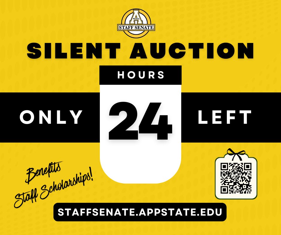 You've still got time to bid, Mountaineers! Help us fund staff scholarships while having fun!

If you're an in-person shopper — no shame in that game — place your bids during the Chancellor's Holiday Reception tomorrow, Dec. 3, from 3–5 p.m.

🔗 staffsenate.appstate.edu