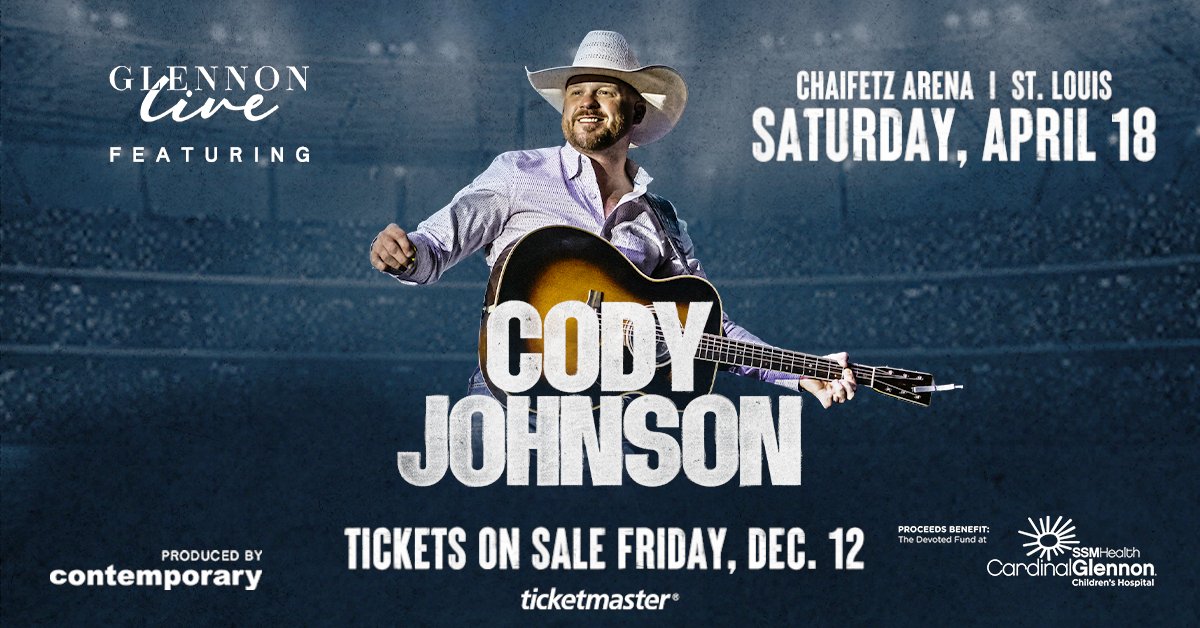 ChaifetzArena's tweet image. SHOW ANNOUNCEMENT 🚨 @codyjohnson  is coming to Chaifetz Arena on April 18 to benefit @cardinalglennon 

Public Tickets go on sale Friday, December 12 at 10:00 AM!

#stl #stlmo #stlevents #stlouismo #cardinalglennon #stlconcerts